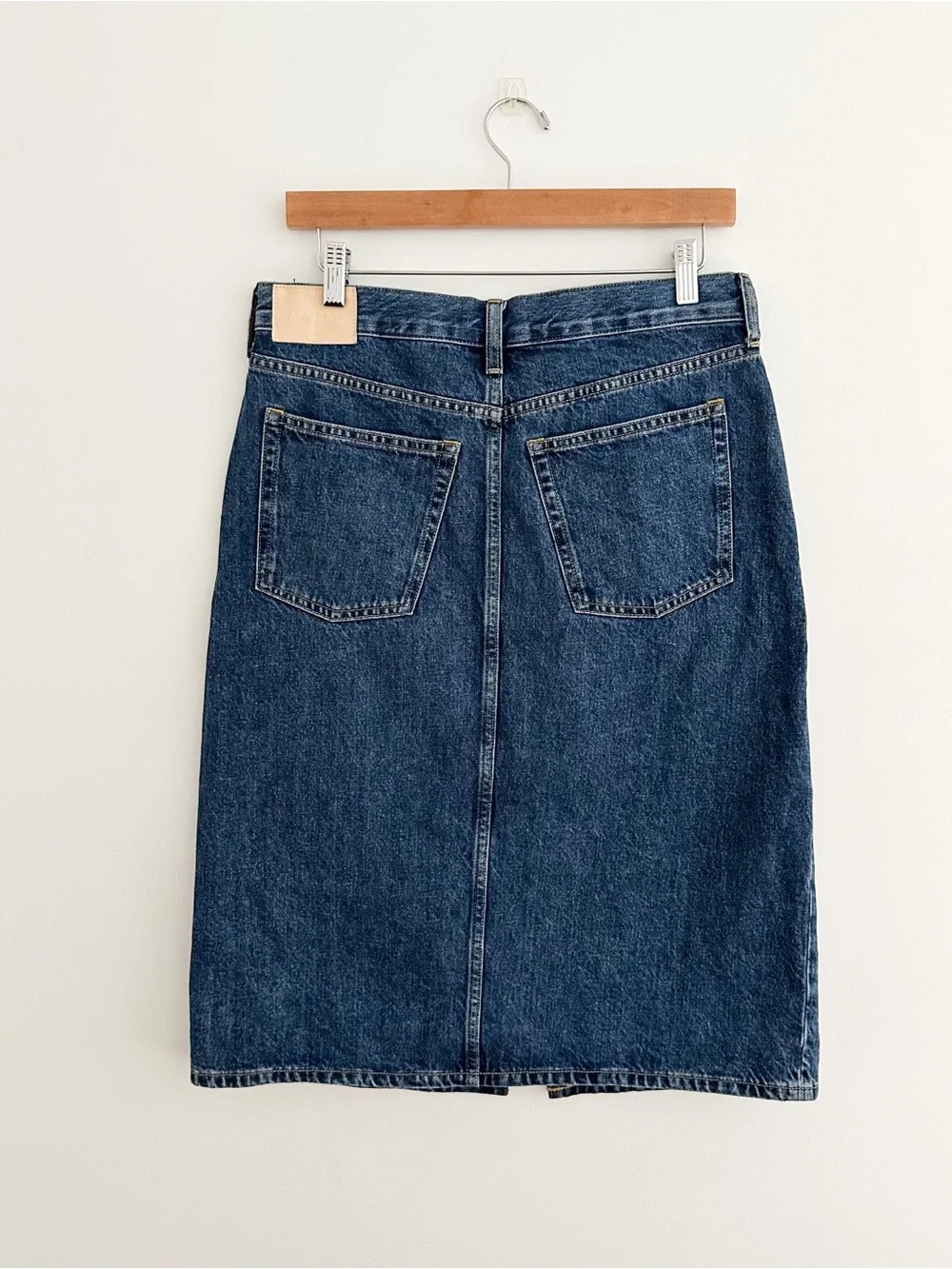 Everlane Organic Cotton Denim Midi Skirt Mid Rise Front Slit Classic Skirt 28R